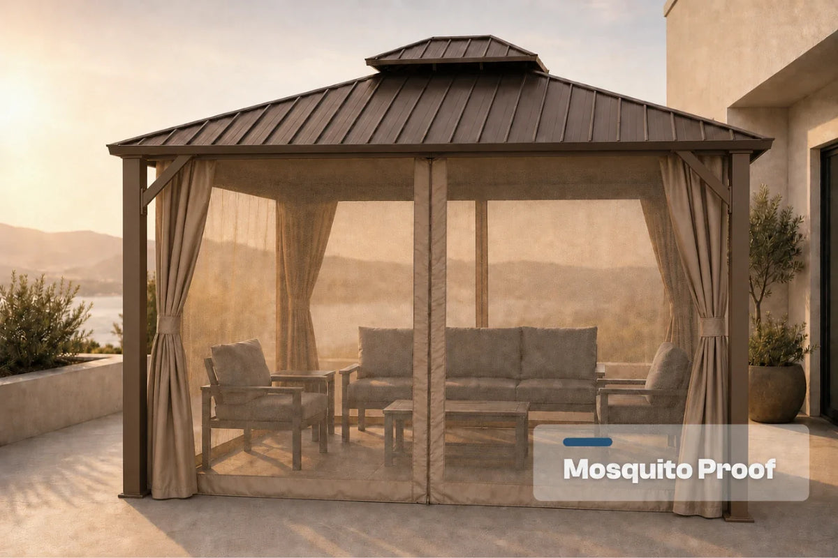 A mosquito-proof gazebo with netting and curtains, and a built-in seating area with a sofa and two armchairs. The scene is set on a patio with a warm sunset sky and distant hills, and a 'Mosquito Proof' label is visible in the bottom right corner.