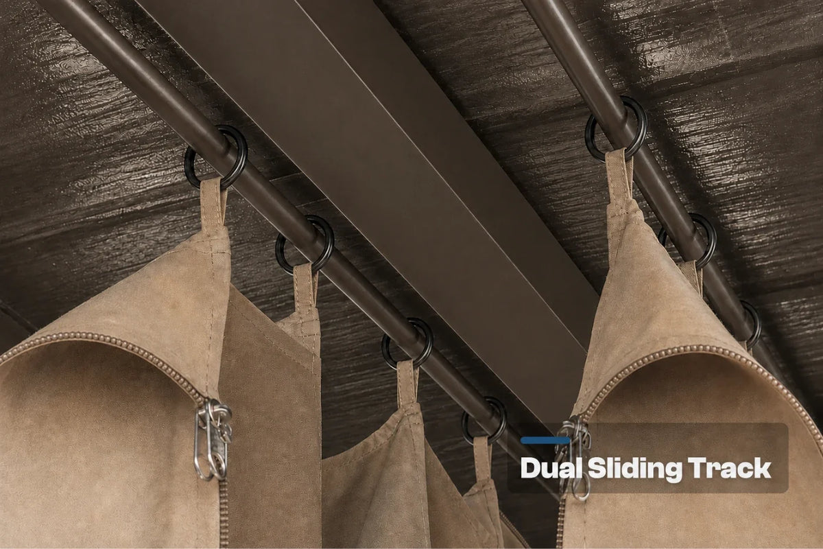 A close-up of a curtain track system with curtains hanging from brown metal rods and hooks. The text 'Dual Sliding Track' is visible in the lower right corner.