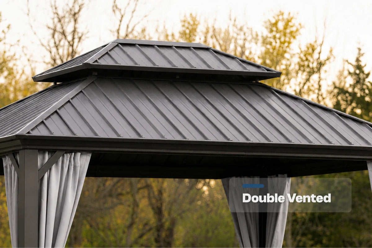 A dark gray metal double-vented gazebo with gray curtains, shown outdoors with trees in the background. A text overlay reads 'Double Vented'.