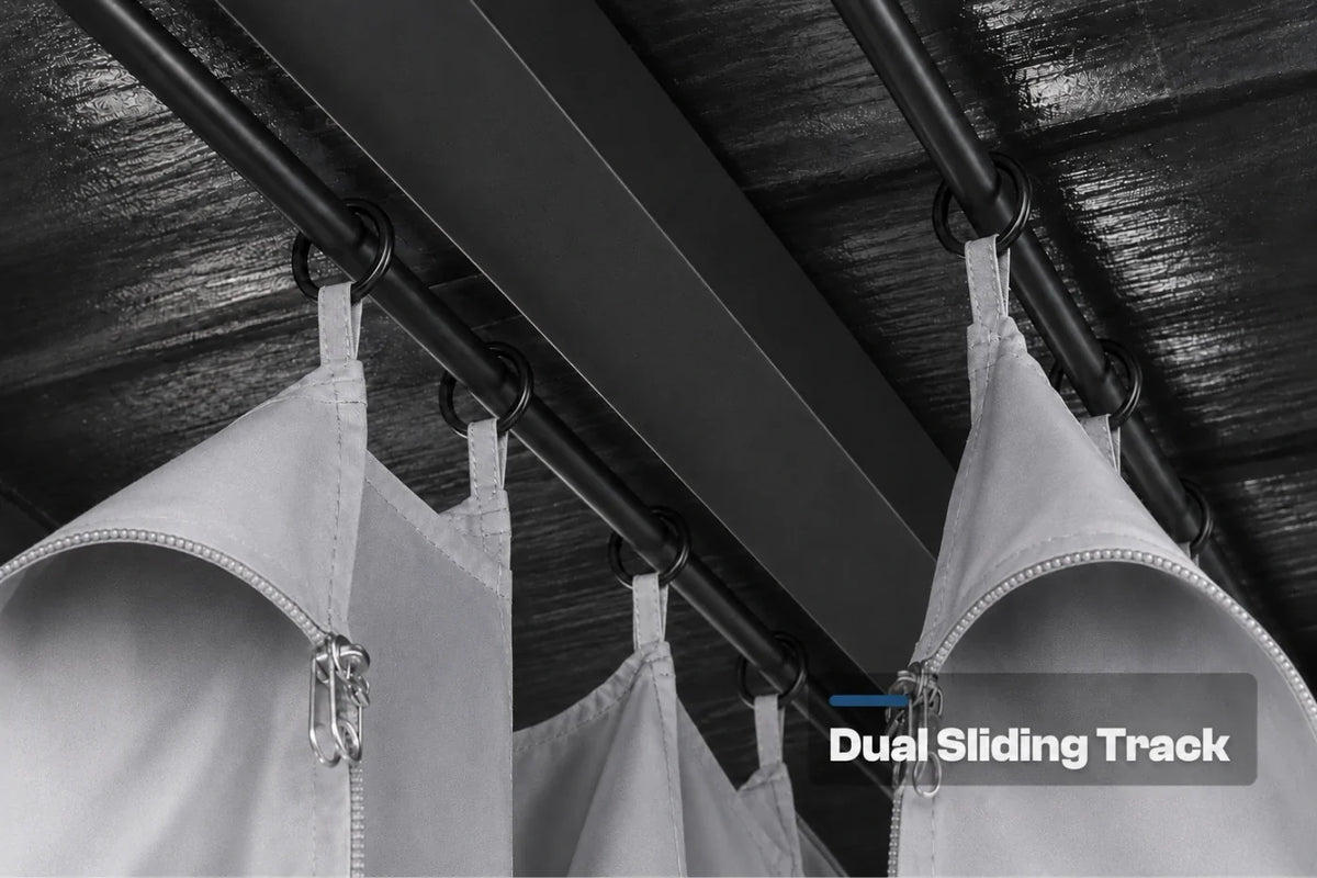 Dark gray privacy curtains hanging from a black dual sliding track system on a dark ceiling, with a text overlay reading 'Dual Sliding Track'.