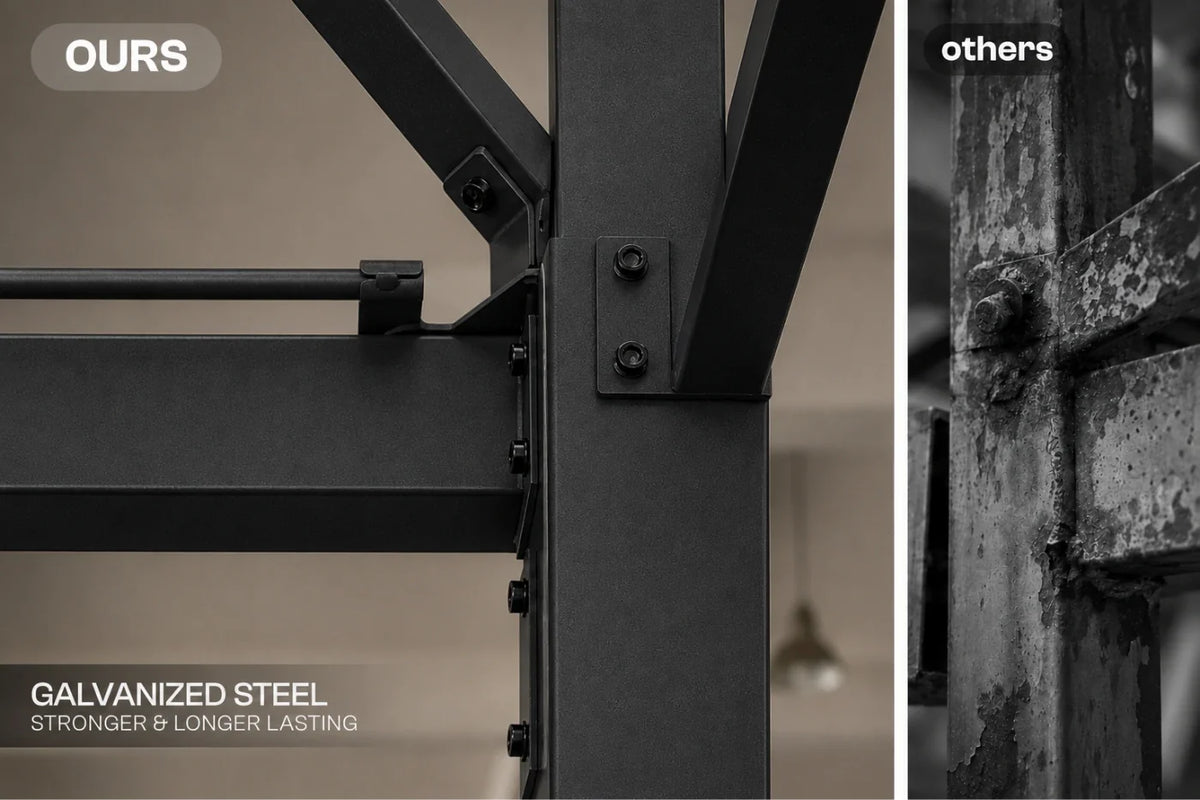 Close-up of a galvanized steel industrial frame joint with text reading 'OURS' and 'GALVANIZED STEEL STRONGER & LONGER LASTING', alongside a side comparison labeled 'others' showing a weathered rusted metal joint.