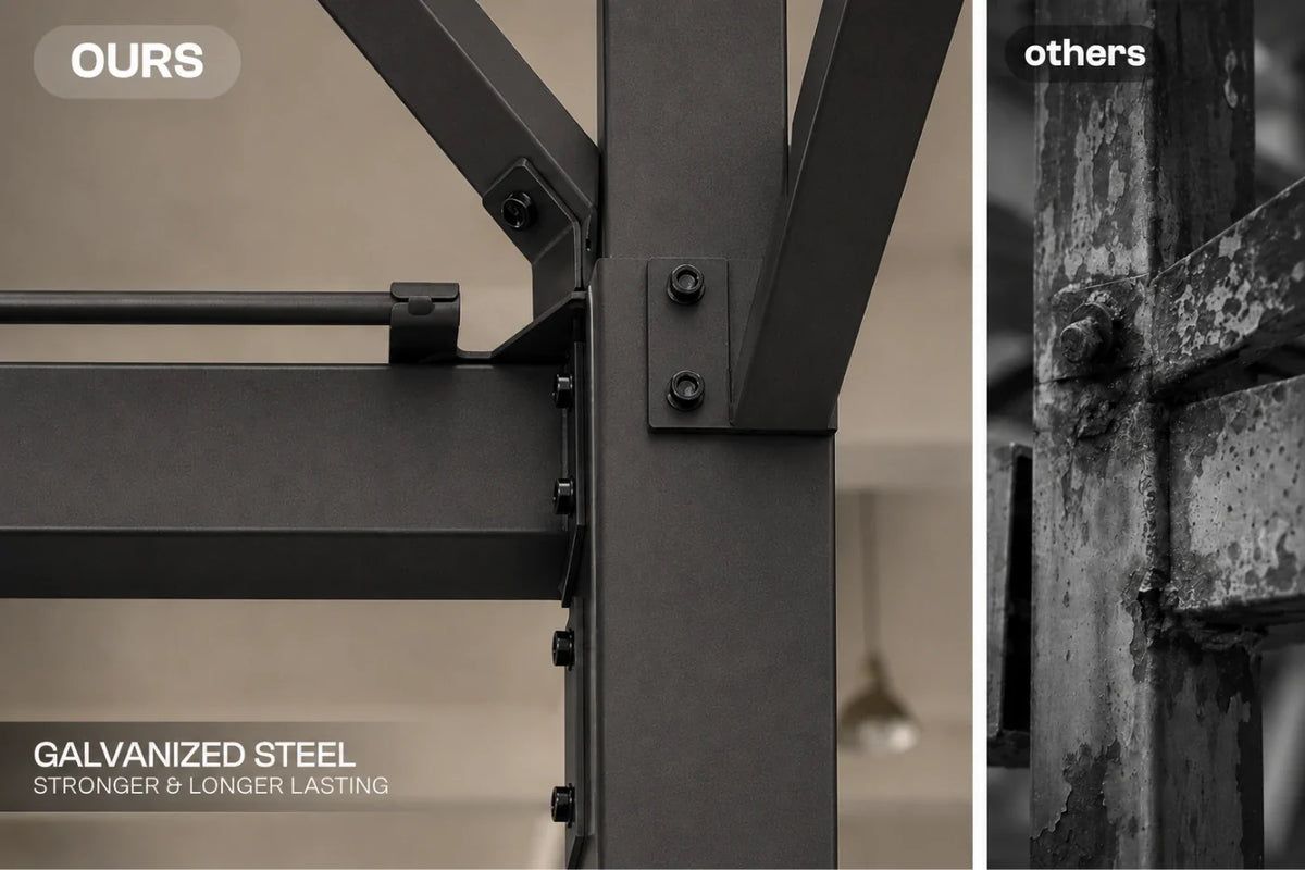 Close-up of a dark galvanized steel structural frame joint with text reading 'OURS' and 'GALVANIZED STEEL STRONGER & LONGER LASTING', alongside a side comparison labeled 'others'.