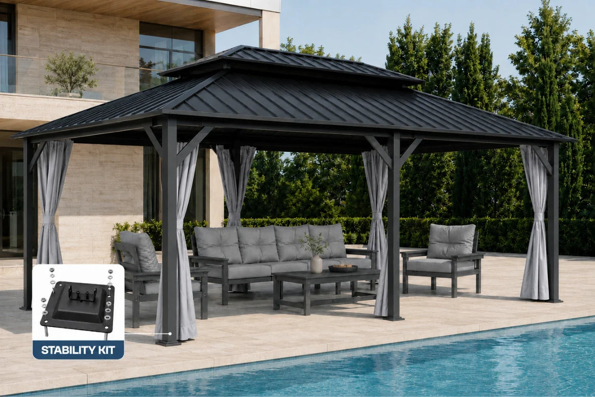 A dark gray hardtop gazebo with netting and curtains and a built-in seating area underneath, shown beside a swimming pool. A small inset in the lower left shows a stability kit accessory.