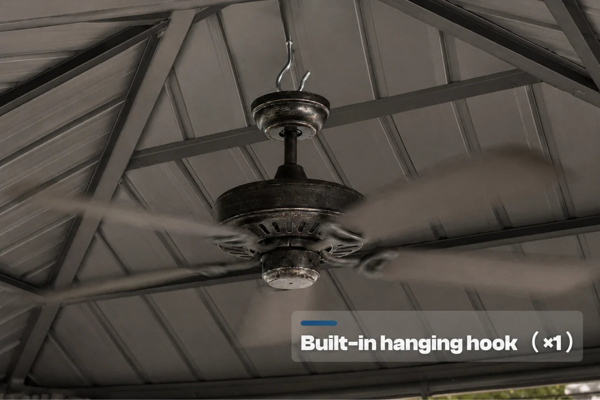 A dark ceiling fan hanging from a patio roof, with a text overlay at the bottom right that reads 'Built-in hanging hook (x1)'.