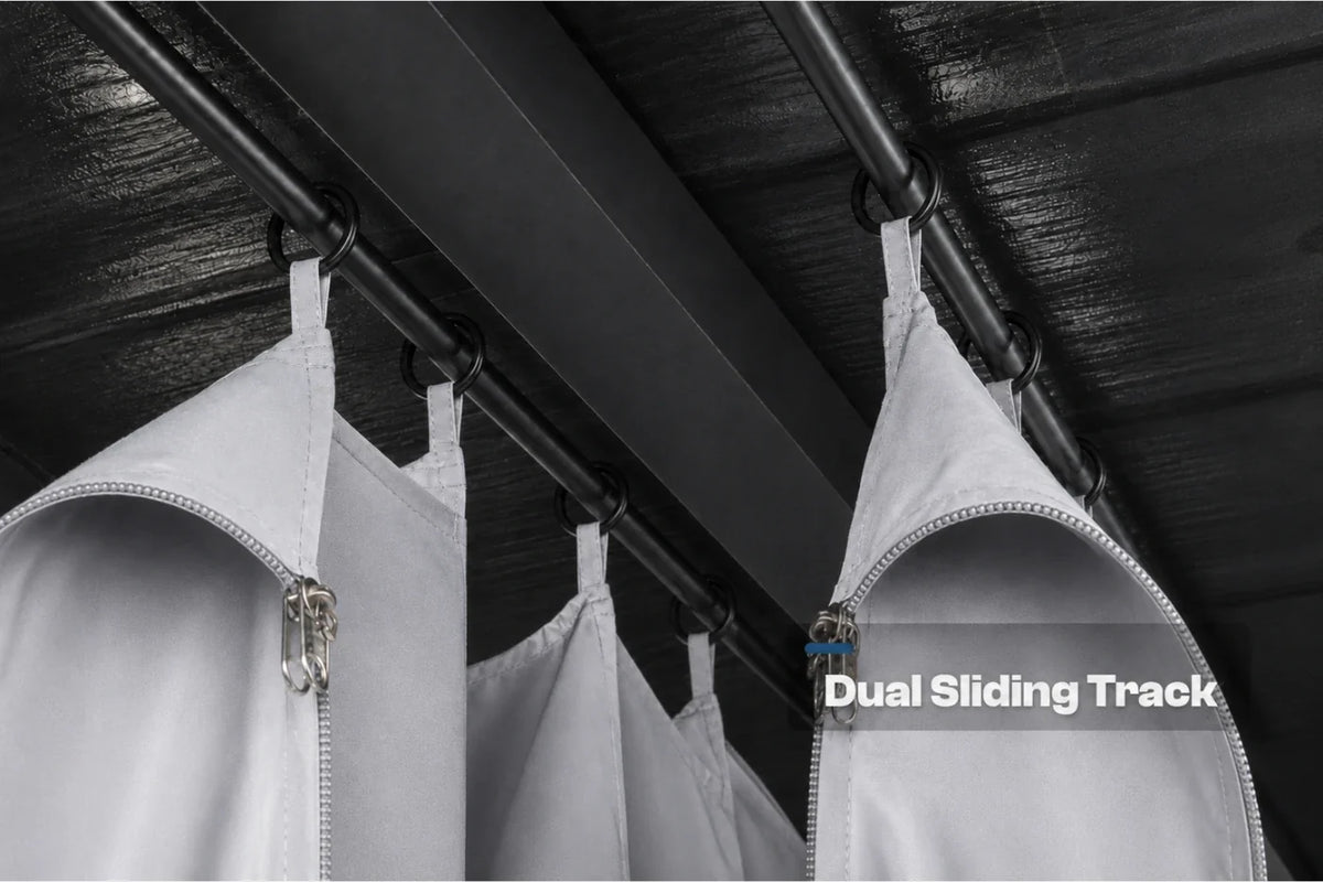 Curtains hanging from a black dual sliding track on a dark ceiling, with a text overlay reading 'Dual Sliding Track'.