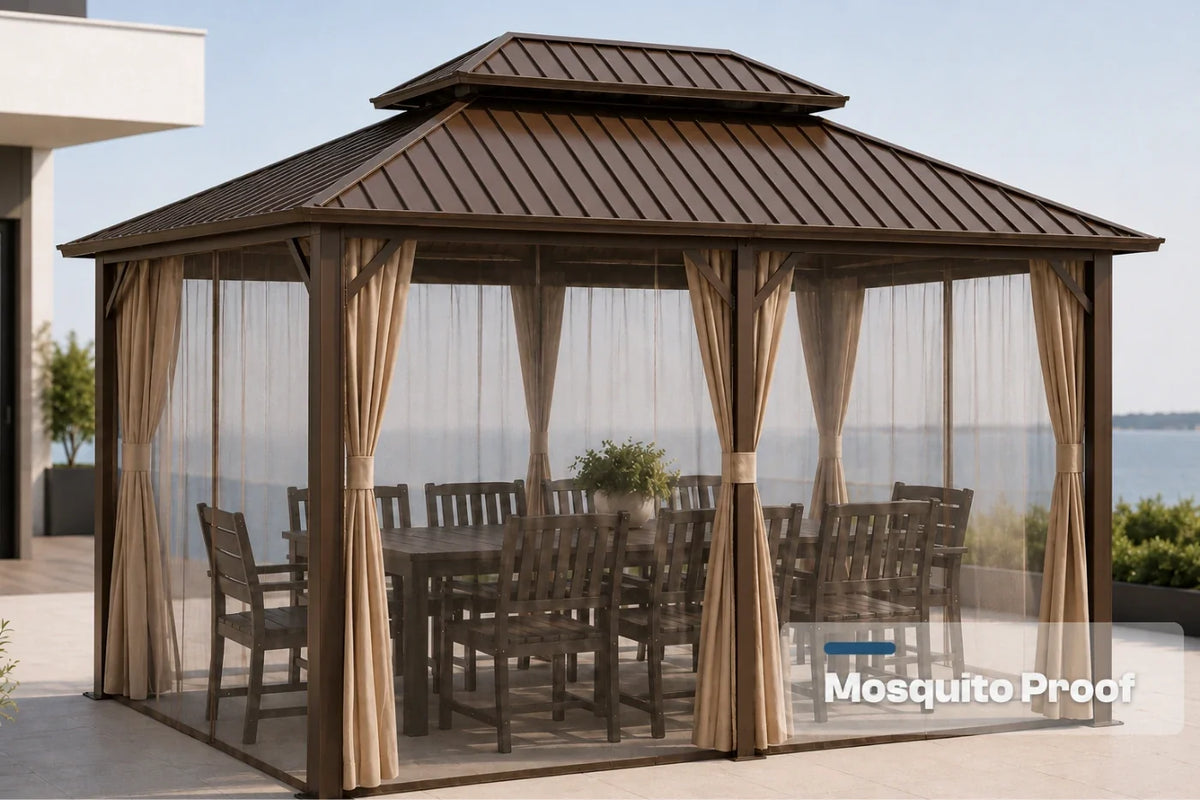 A brown hardtop gazebo with netting and curtains, shown on a patio with a dining table and chairs inside. The image has a 'Mosquito Proof' badge in the bottom right corner.