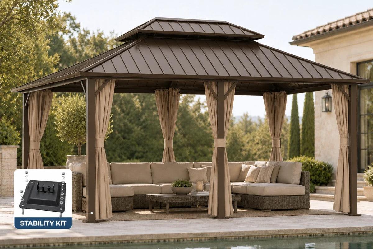 A brown hardtop gazebo with netting and curtains and a built-in seating area, shown outdoors beside a pool. A small inset in the lower left shows a stability kit remote control.