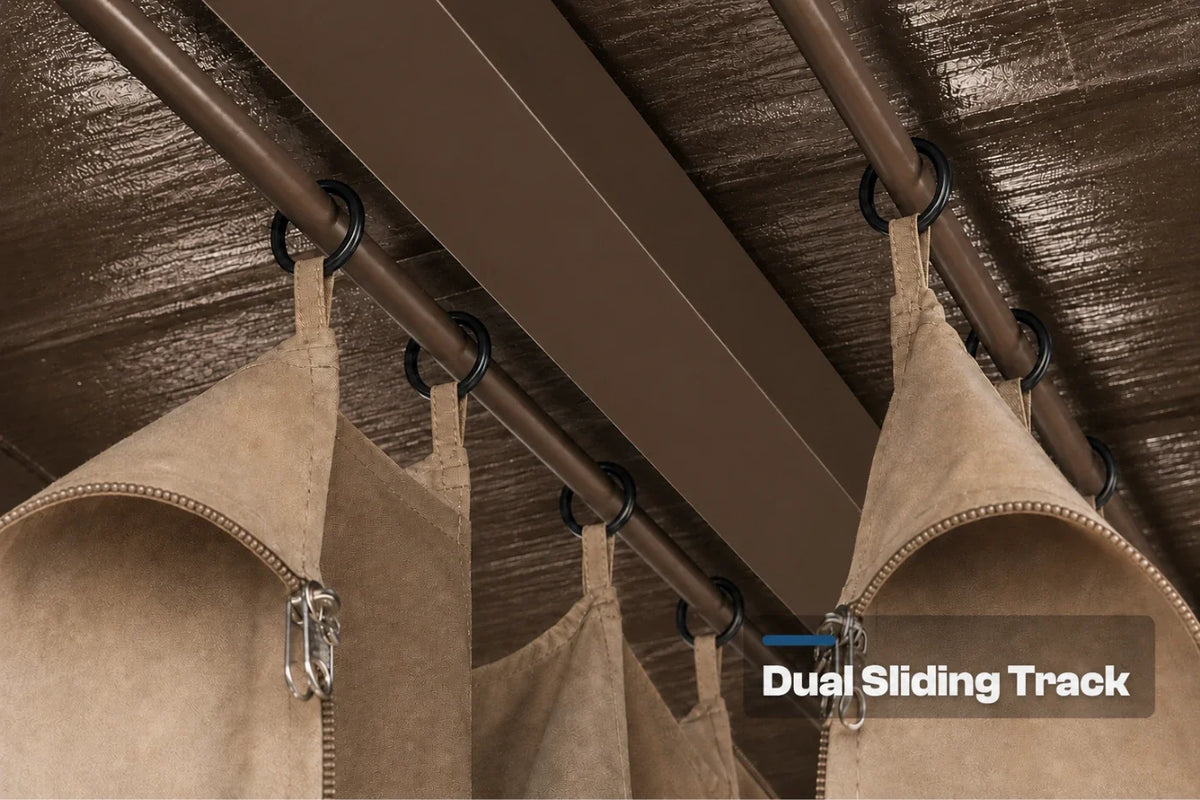 Close-up of a curtain track system with curtains hanging from black rings on a brown dual sliding track, with a text overlay reading 'Dual Sliding Track'.