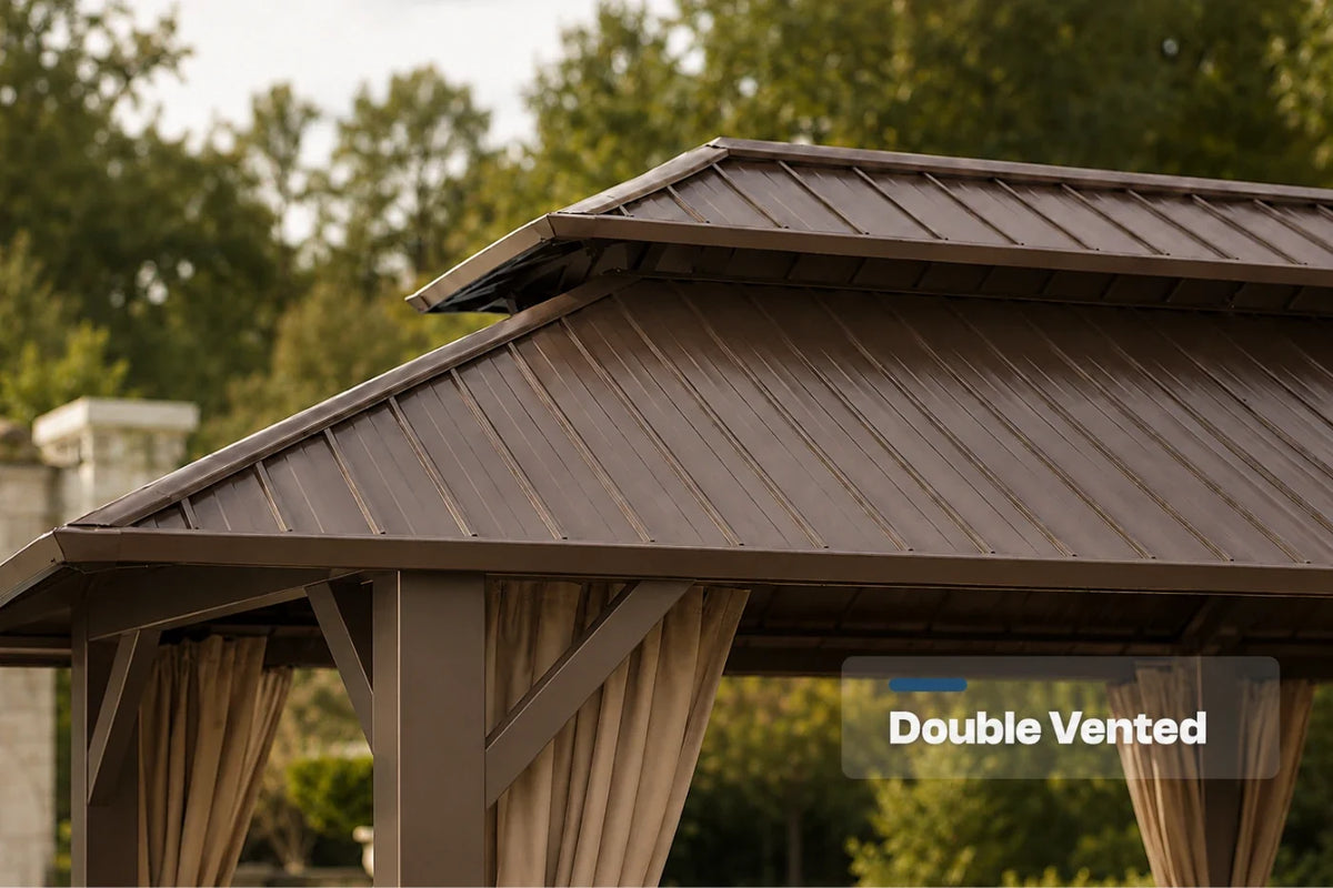 Close-up of a brown gazebo roof with a double vent design, showing the slanted upper flap and side eaves, with curtains hanging below and trees in the background. A text overlay reads 'Double Vented'.