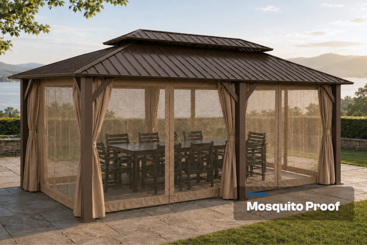 A brown patio gazebo with curtains and a dining table inside, shown on a stone patio with a lake and mountains in the background. A text overlay in the bottom right corner reads 'Mosquito Proof'.