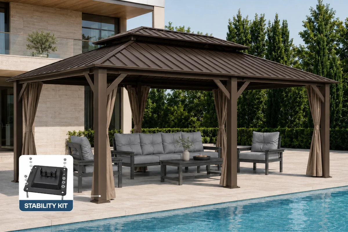A brown patio gazebo with curtains is shown over a poolside outdoor seating area with a sofa, chairs, and coffee table. A small inset in the lower left shows a stability kit accessory.