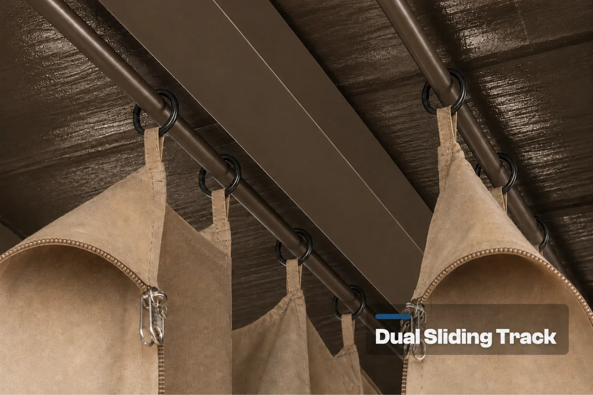 A close-up of a curtain track system with curtains hanging from black rings on a brown dual sliding track, with a text overlay reading 'Dual Sliding Track'.