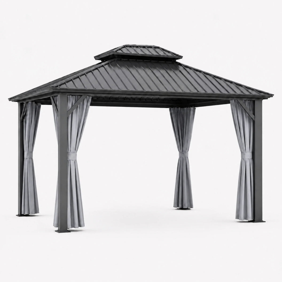 Luxor™ hardtop gazebo with netting and curtains on a plain white background.