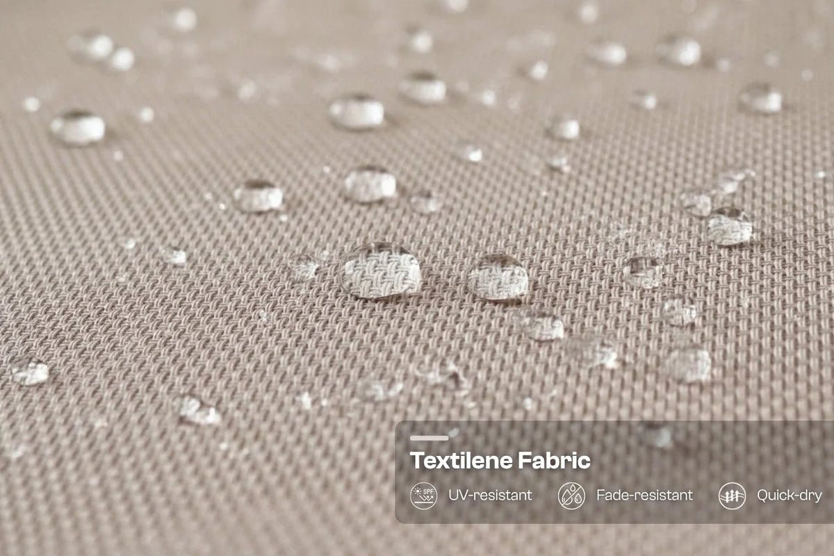 Textilene fabric with water droplets and product features displayed.