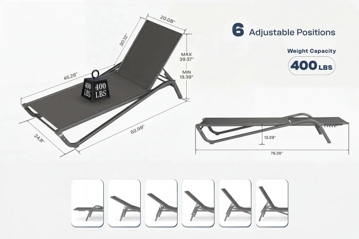 Chaise lounge with adjustable positions and weight capacity details on a white background