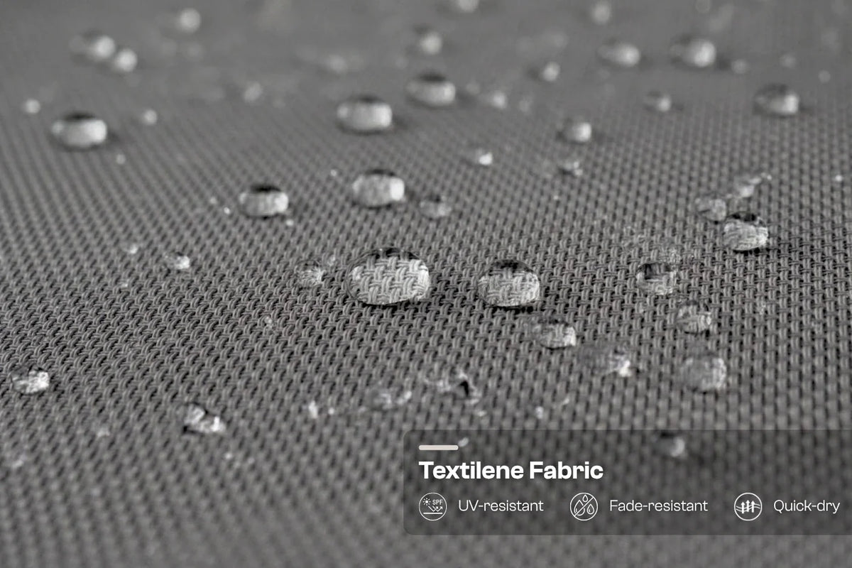 Textilene fabric with water droplets and durability features displayed.