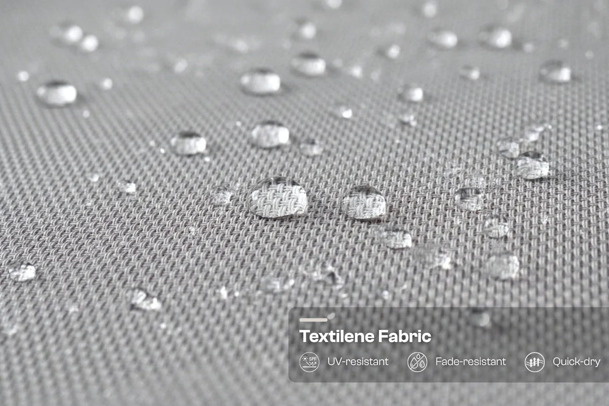 Textilene fabric with water droplets and product features displayed.