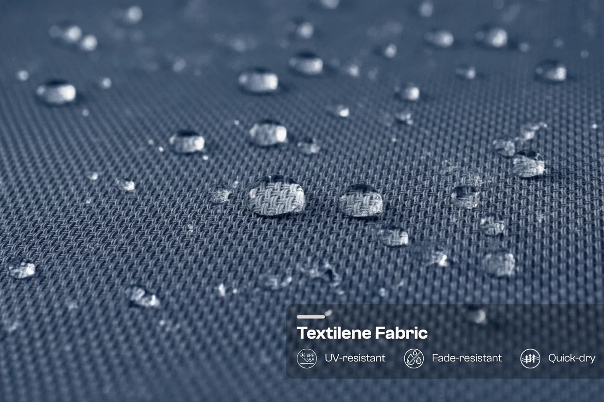 Textile fabric with water droplets and text indicating properties like UV-resistant, fade-resistant, and quick-dry.