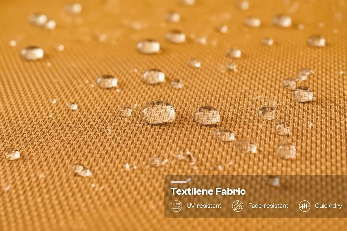 Textilene fabric with water droplets on a mustard yellow background