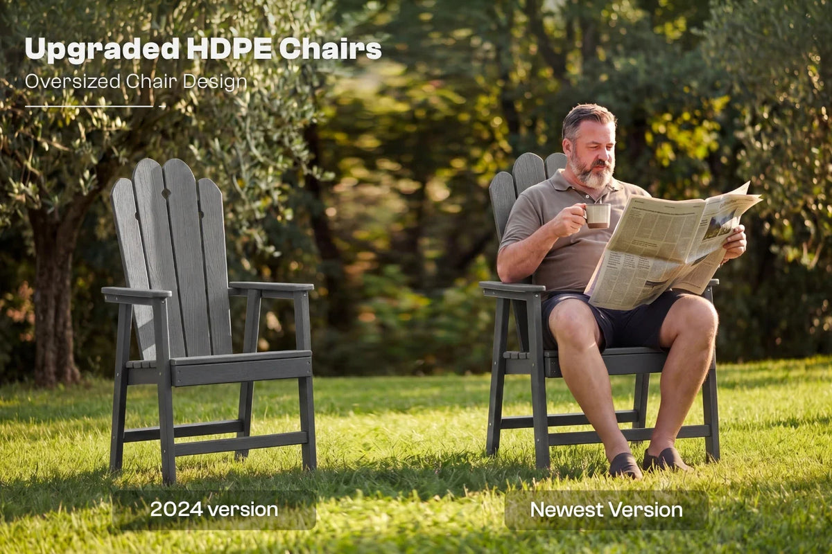 Man sitting on an dark gray HDPE chair reading a newspaper in a garden setting.
