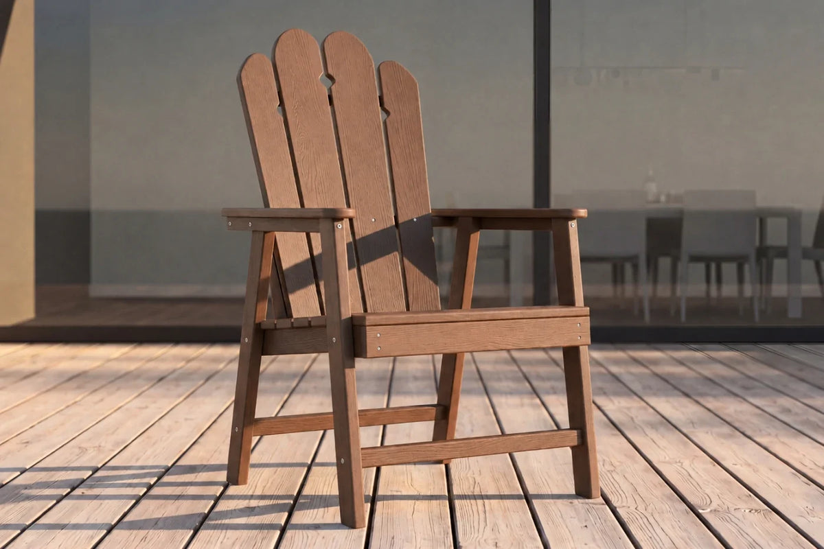 Light brown HDPE chair on a wooden deck with a blurred background