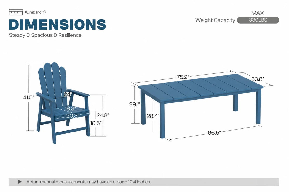 Dimensions of a navy blue outdoor chair and table with measurements on a white background.