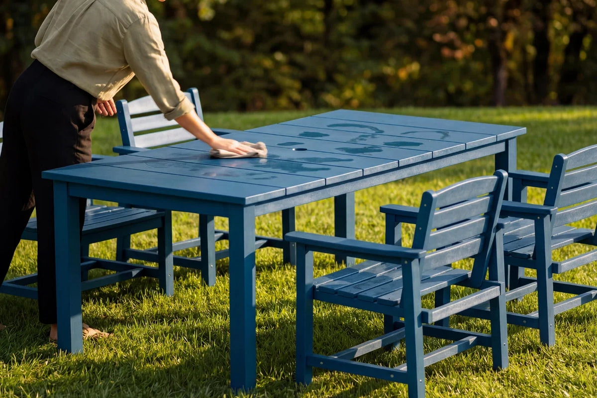 Person setting up a blue outdoor table and chairs in a grassy area