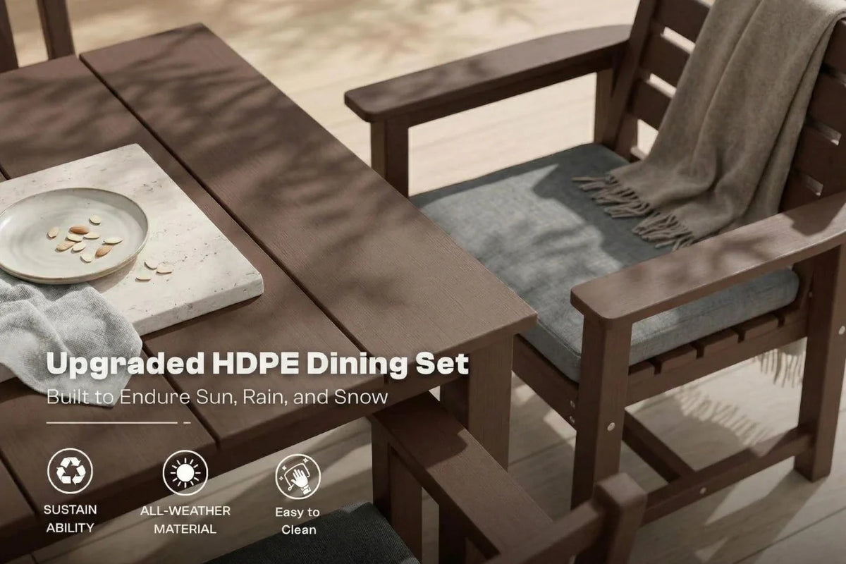HDPE dining set with table and chairs on a patio, featuring text about HDPE material.