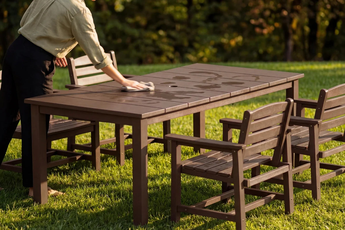 Person cleaning a HDPE outdoor table and chairs on a grassy area