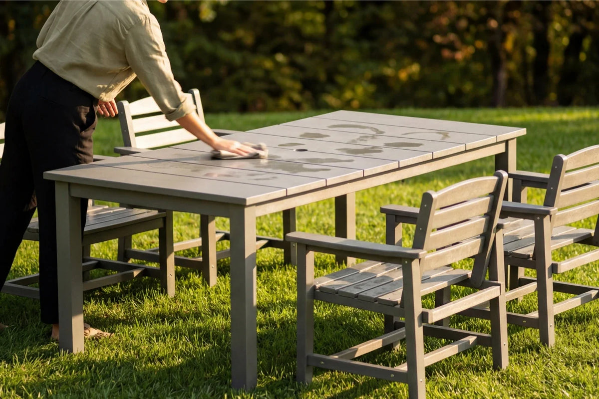 Person setting up outdoor furniture on a grassy area