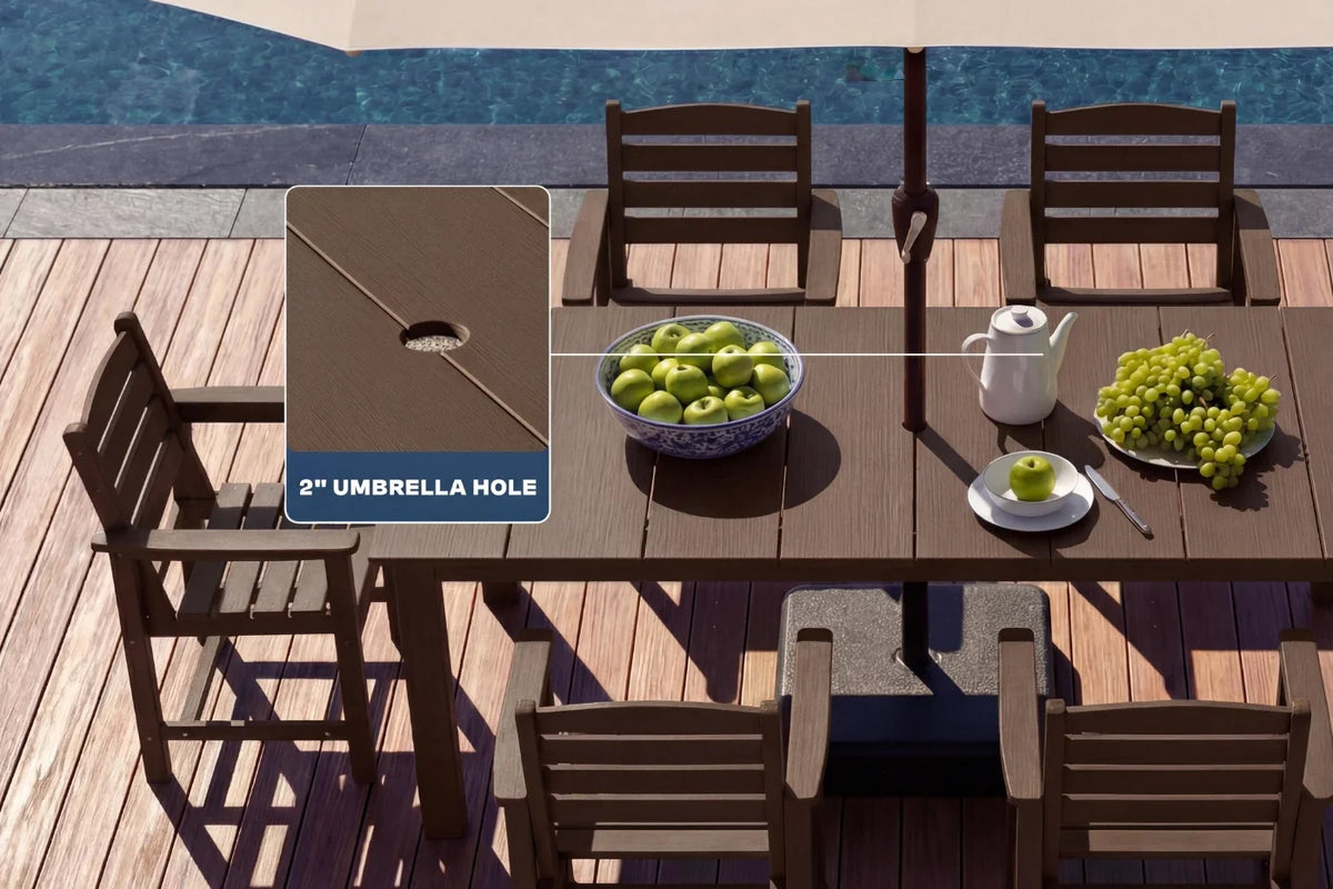 Outdoor dining set with table and chairs on a wooden deck by a pool.