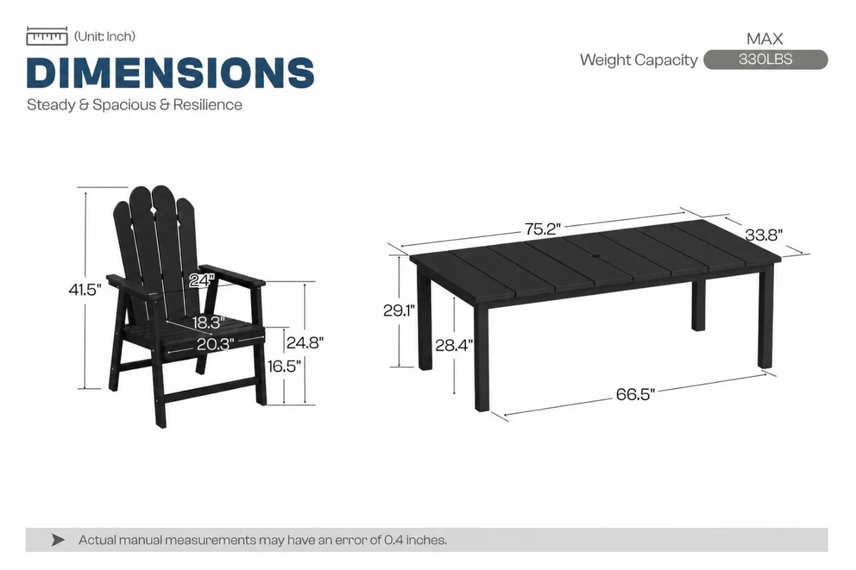 Dimensions of a black HDPE chair and table on a white background