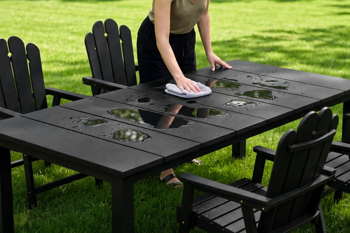 Person cleaning a black outdoor table with chairs on a grassy area