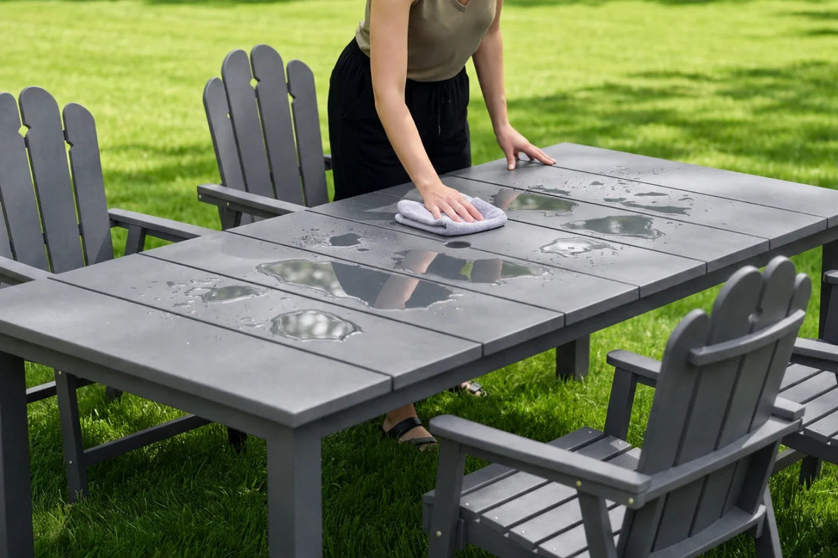 Person cleaning a gray outdoor table with chairs on a grassy background