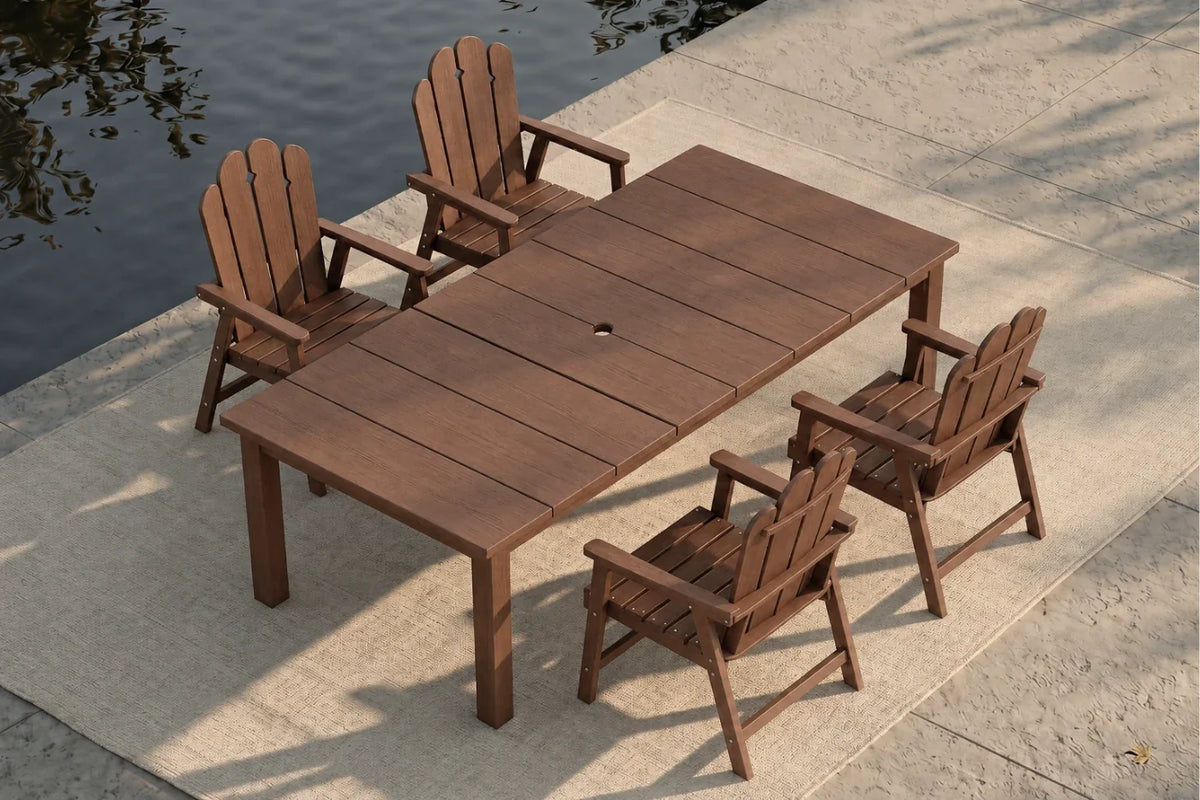 Light brown outdoor dining table with four chairs by a body of water.