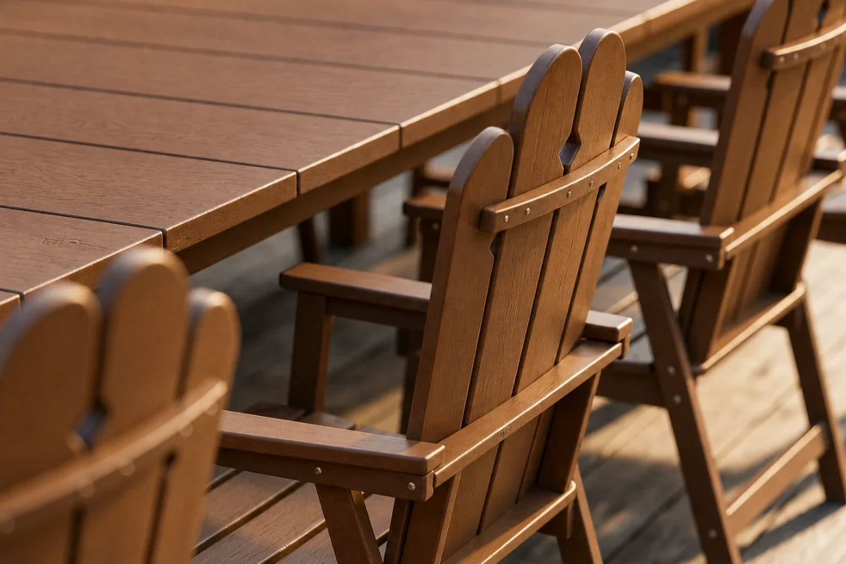 Light brown outdoor table and chairs on a deck