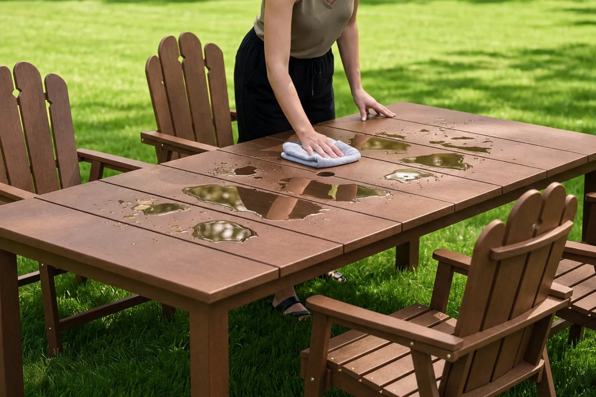 Person cleaning a light brown outdoor table with 4 chairs on a grassy background