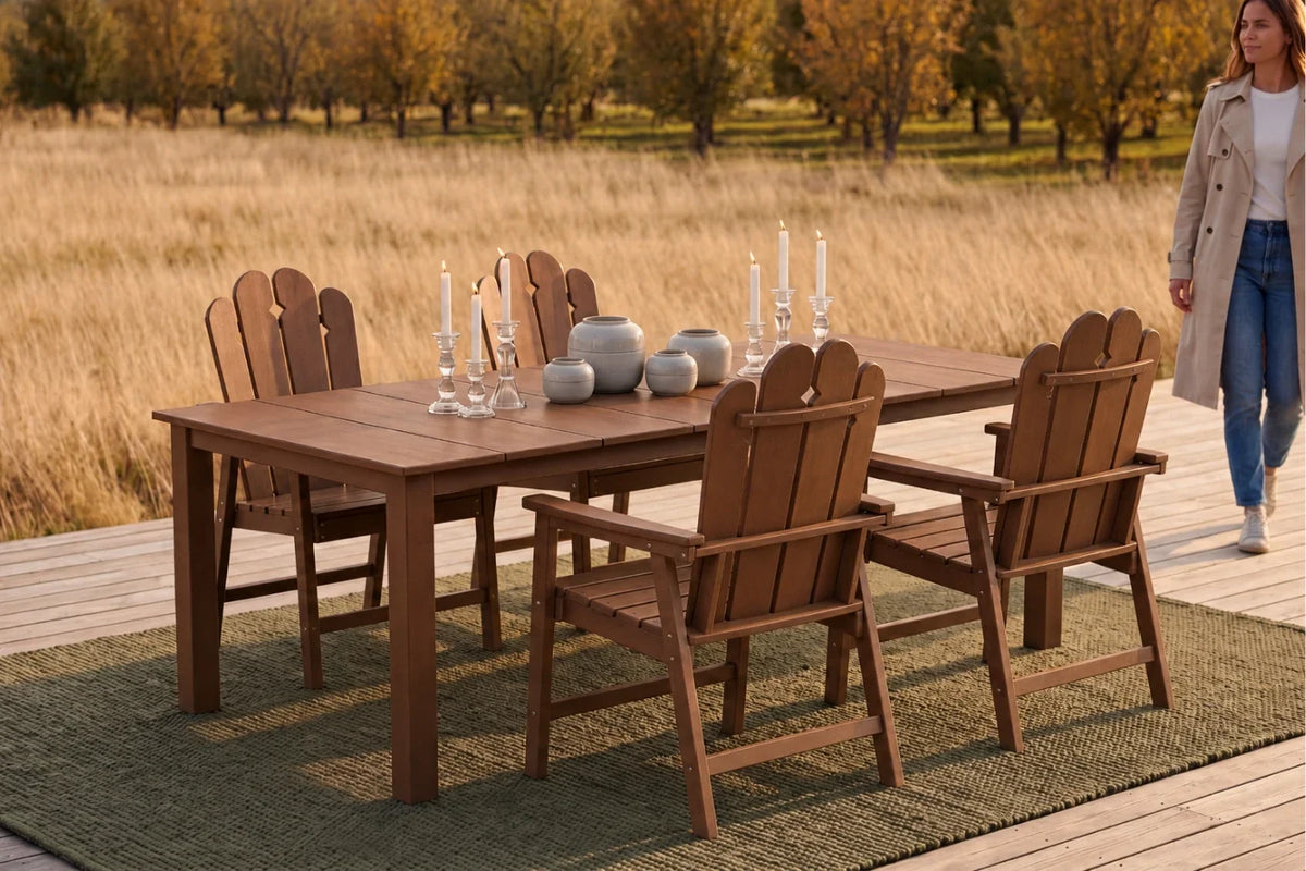 Light brown outdoor dining set with 4 chairs and table in a scenic outdoor setting.