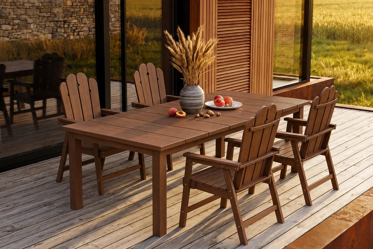 Light brown outdoor dining set with table and 4 chairs on a deck, featuring a stone wall and grassy field in the background.
