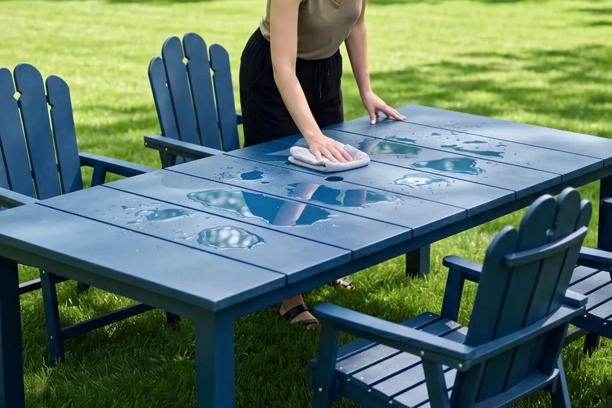 Person cleaning a navy blue outdoor table with 4 chairs on a grassy area