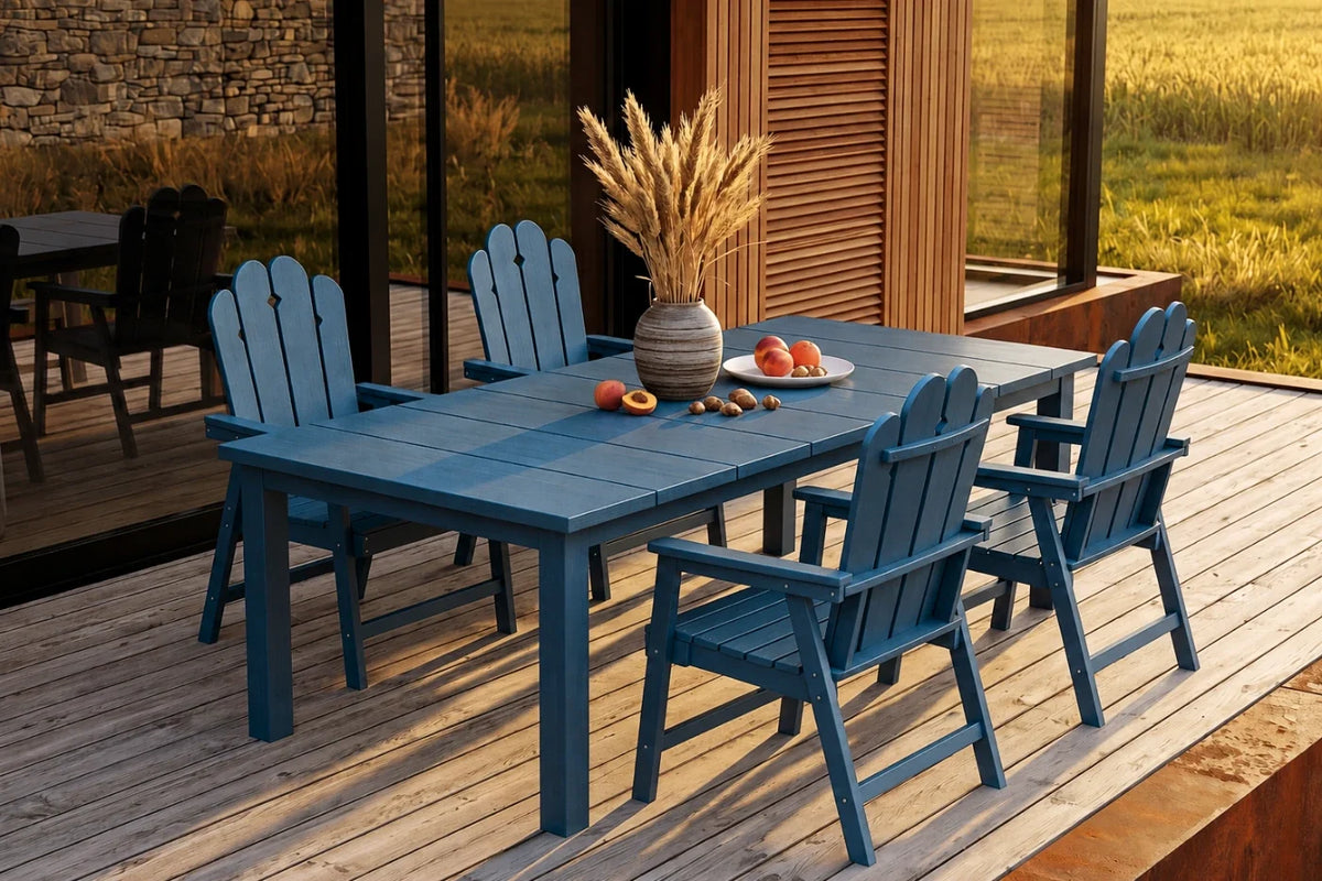 Navy blue outdoor dining set with table and 4 chairs on a wooden deck, featuring a scenic view.