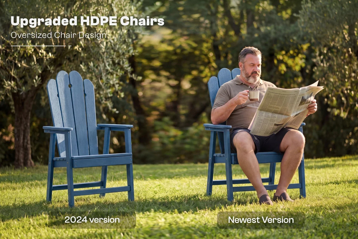 Man sitting on a navy blue chair reading a newspaper with another chair next to him, labeled 'Upgraded HDPE Chairs'.