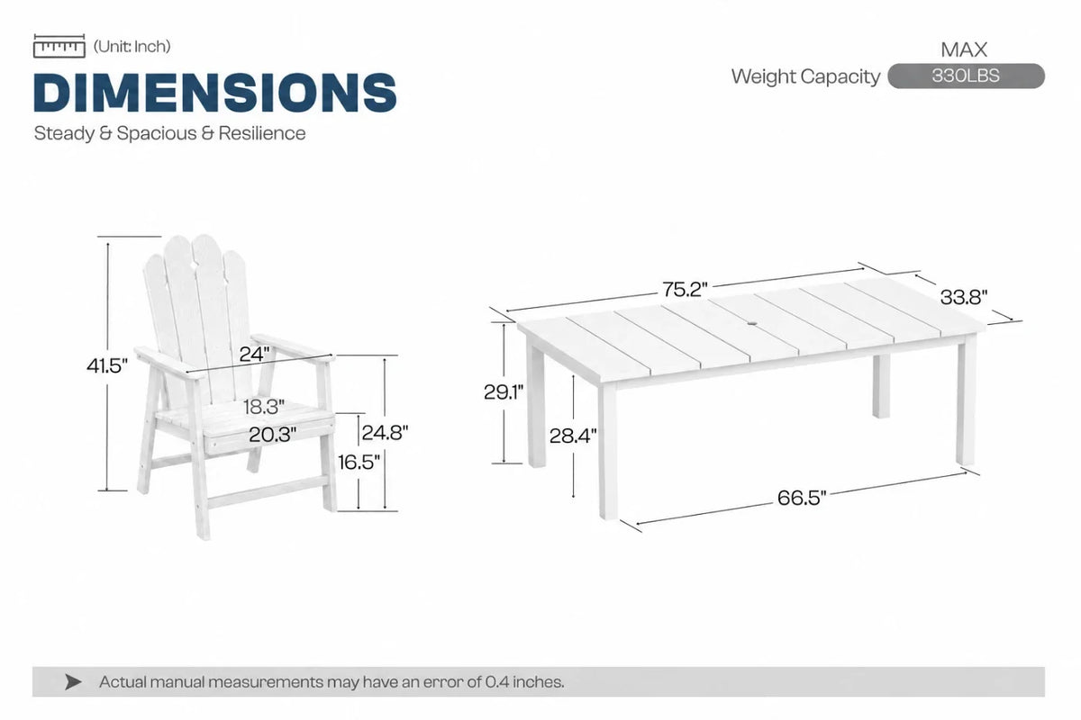 Dimensions of a white chair and table with measurements on a white background