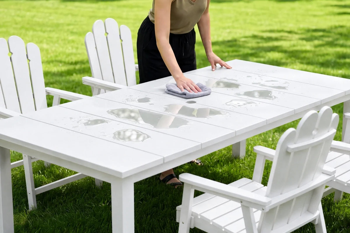 Person cleaning a white outdoor table with chairs on a grassy background