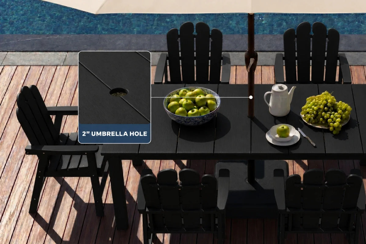 Outdoor dining set with black table and chairs by a poolside, featuring an umbrella hole.