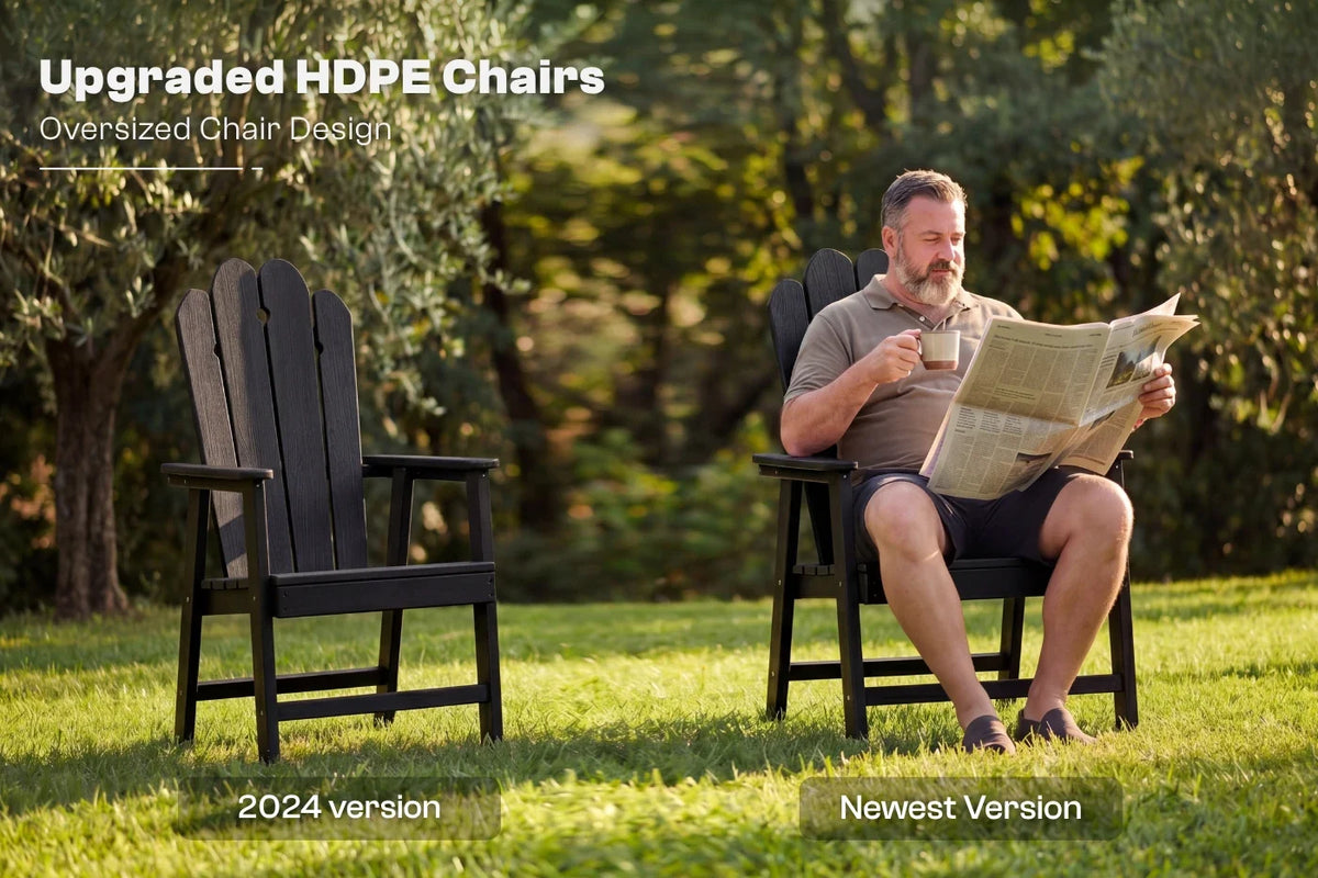 Man reading a newspaper on a black HDPE chair in a park setting.