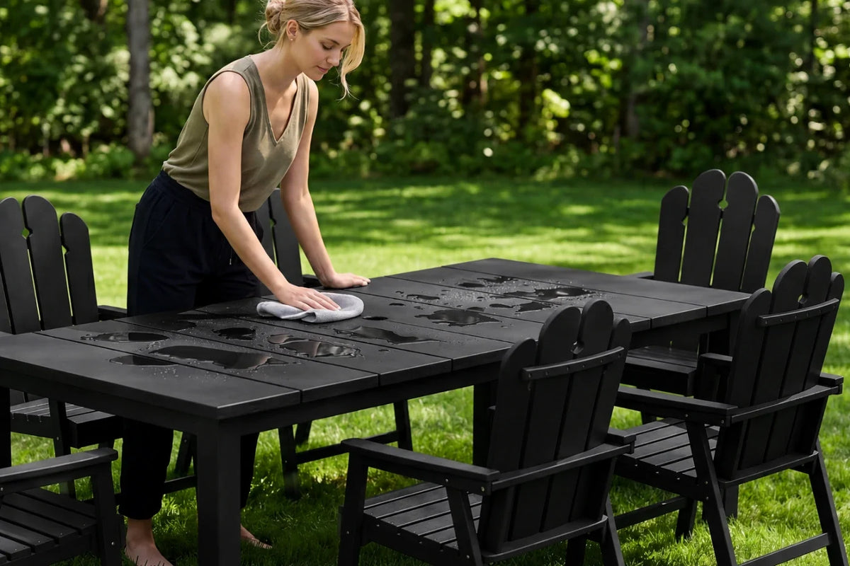 Woman cleaning a black outdoor table and chairs in a garden setting