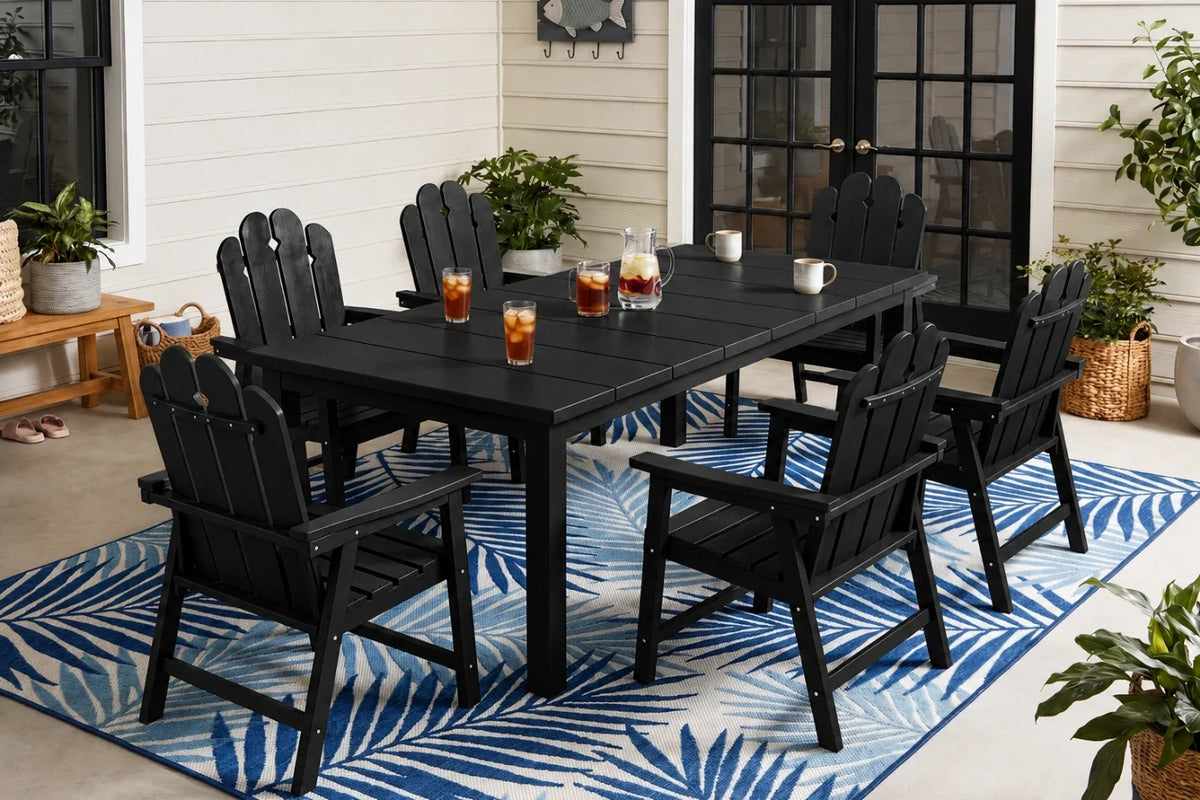 Black outdoor dining set with 6 chairs and table on a blue and white patterned rug.