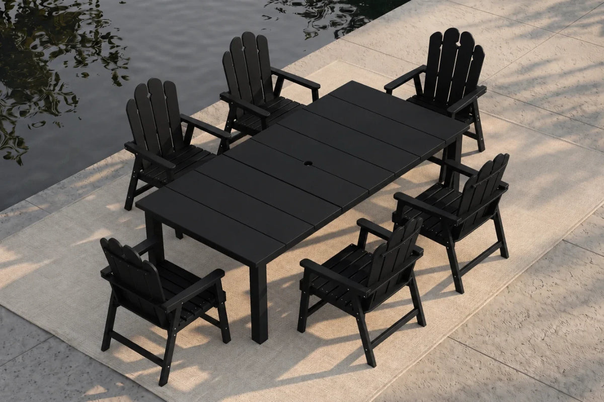 Black outdoor dining set with table and 6 chairs by a body of water.