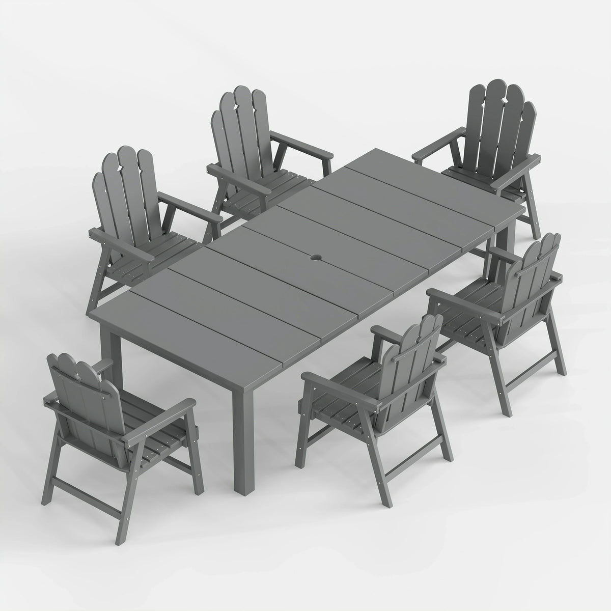 Gray outdoor table with six matching chairs on a white background